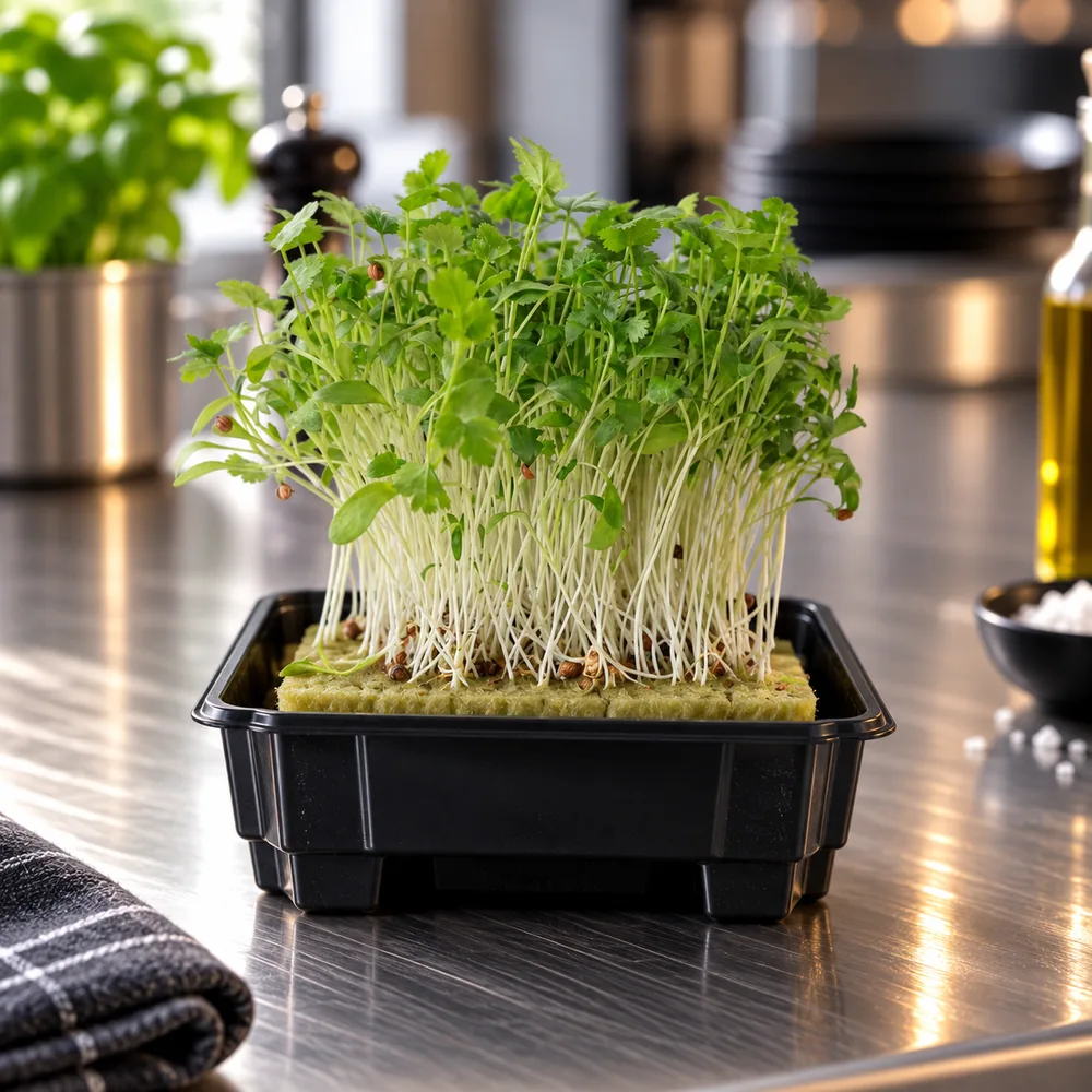 Koriandr microgreens v misce